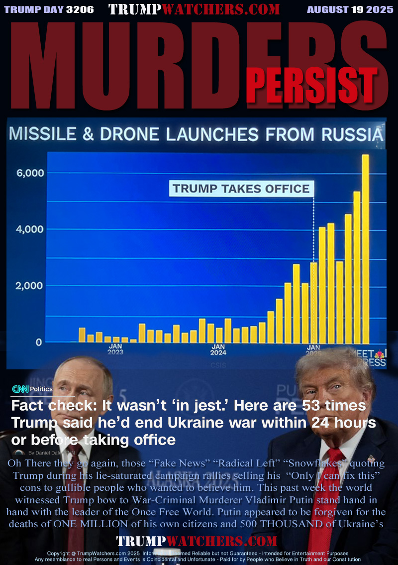 Fact check: It wasn’t ‘in jest’ Here are 53 times Trump said he’d end Ukraine war within 24 hours or before taking office

Oh There they go again, those “Fake News” “Radical Left” “Snowflakes” quoting
Trump during his lie-saturated campaign rallies selling his  “Only I can fix this”
cons to gullible people who wanted to believe him. This past week the world
witnessed Trump bow to War-Criminal Murderer Vladimir Putin stand hand in
hand with the leader of the Once Free World. Putin appeared to be forgiven for the
deaths of ONE MILLION of his own citizens and 500 THOUSAND of Ukraine’s